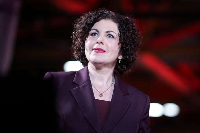 BSW co-leader Amira Mohamed Ali attends the federal party conference of left-wing populist Sahra Wagenknecht Alliance (BSW) in Magdeburg, eastern Germany on December 6, 2025. The party's 3rd federal congress takes place on December 6 and 7, 2025. (Photo by RONNY HARTMANN / AFP)