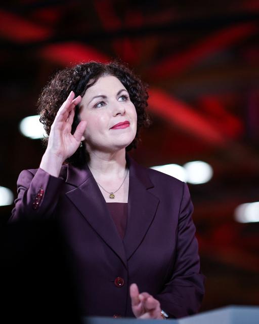 BSW co-leader Amira Mohamed Ali attends the federal party conference of left-wing populist Sahra Wagenknecht Alliance (BSW) in Magdeburg, eastern Germany on December 6, 2025. The party's 3rd federal congress takes place on December 6 and 7, 2025. (Photo by RONNY HARTMANN / AFP)