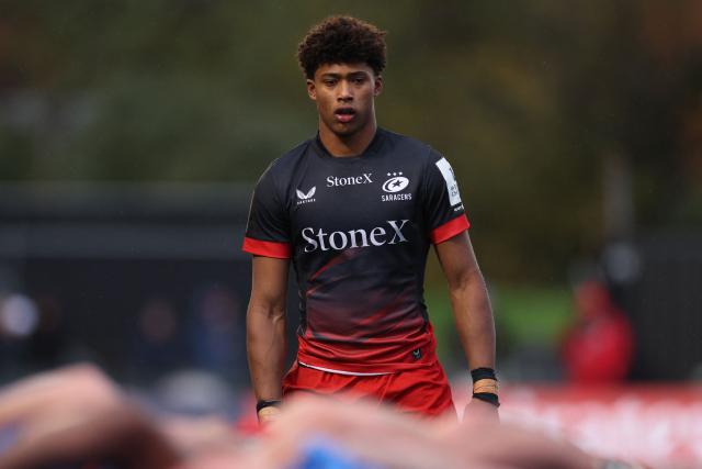 Saracens' English wing Noah Caluori waits during the European Rugby Champions Cup pool 1 rugby union match between Saracens and Clermont Auvergne at StoneX Stadium in north London on December 6, 2025 (Photo by Adrian Dennis / AFP)