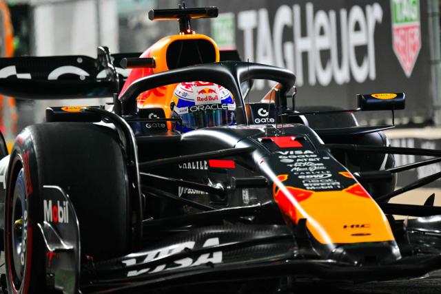 Red Bull Racing's Dutch driver Max Verstappen drives out of the pit lane during the qualifying session ahead of the Abu Dhabi Formula One Grand Prix at the Yas Marina Circuit in Abu Dhabi on December 6, 2025. (Photo by Andrej ISAKOVIC / AFP)