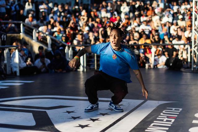 South African Break Dancer Courtane Paul performs during quarter finals of the Undisputed Cape Town length of Break Dance championship in Cape Town on December 6, 2025. (Photo by GIANLUIGI GUERCIA / AFP)