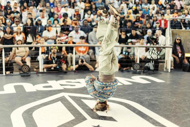 Ukrainian Break Dancer Stefani performs during quarter finals of the Undisputed Cape Town length of Break Dance championship in Cape Town on December 6, 2025. (Photo by GIANLUIGI GUERCIA / AFP)