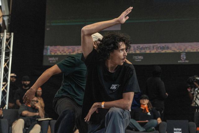 French Break Dancer crew Les Affranchis perform during semi finals of the Undisputed Cape Town length of Break Dance championship in Cape Town on December 6, 2025. (Photo by GIANLUIGI GUERCIA / AFP)