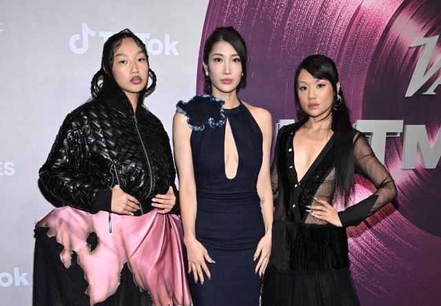 (L-R) US singer and rapper Audrey Nuna, South Korean singer and songwriter Ejae and South Korean singer and rapper Rei Ami attend the Variety's 9th annual Hitmakers Brunch at Nya Studios in Los Angeles on December 6, 2025. (Photo by LISA O'CONNOR / AFP)