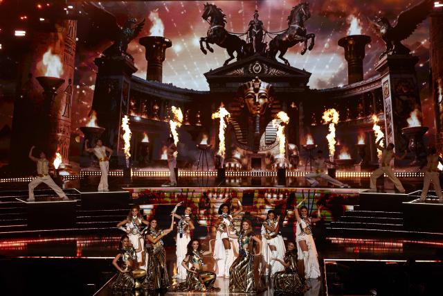 Competitors perform on stage during the Miss France 2026 beauty pageant at the Zenith, in Amiens, northern France, on December 6, 2025. (Photo by Sameer AL-DOUMY / AFP)