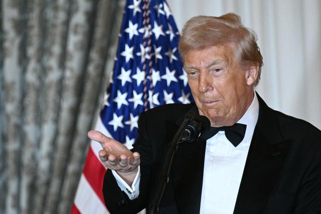 US President Donald Trump speaks during the Kennedy Center Honors dinner ahead of tomorrow's gala, at the State Department in Washington, DC, December 6, 2025. (Photo by Brendan SMIALOWSKI / AFP)