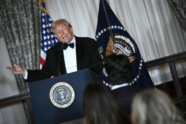 US President Donald Trump speaks during the Kennedy Center Honors dinner ahead of tomorrow's gala, at the State Department in Washington, DC, December 6, 2025. (Photo by Brendan SMIALOWSKI / AFP)