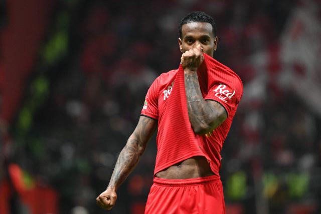 Toluca's Brazilian midfielder #11 Helinho celebrates after scoring a goal during the Liga MX Apertura semifinal second leg football match between Toluca and Monterrey at the Nemesio Diez stadium in Toluca de Lerdo, Mexico on December 6, 2025. (Photo by Mario Vazquez / AFP)