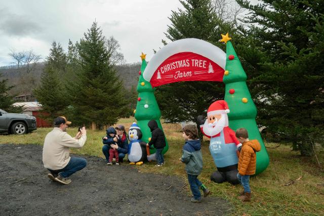 A family takes photos as they shop for a Christmas tree at the Trinity Tree Company-Avery Farms, in the small town of Newland, in the Blue Ridge Mountains of North Carolina, on December 6, 2025. According to the North Carolina Department of Agriculture, the state grows more than 26% of the Christmas trees in the US and is ranked second in the nation in number of trees harvested. More than 40,000 acres is estimated to be in Christmas tree production. (Photo by Allison Joyce / AFP)