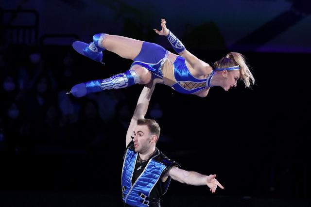 Georgia's Anastasiia Metelkina and Luka Berulava perform in the exhibition gala at the ISU Grand Prix of Figure Skating Final in Nagoya on December 7, 2025. (Photo by PAUL MILLER / AFP)