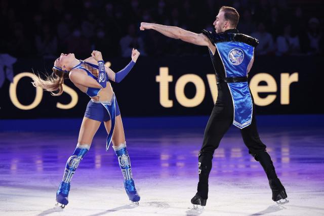Georgia's Anastasiia Metelkina and Luka Berulava perform in the exhibition gala at the ISU Grand Prix of Figure Skating Final in Nagoya on December 7, 2025. (Photo by PAUL MILLER / AFP)