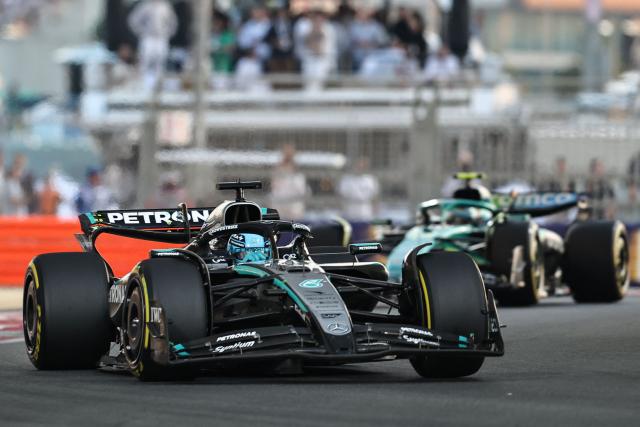 Mercedes' British driver George Russel competes during the Abu Dhabi Formula One Grand Prix at the Yas Marina Circuit in Abu Dhabi on December 7, 2025. (Photo by Fadel SENNA / AFP)