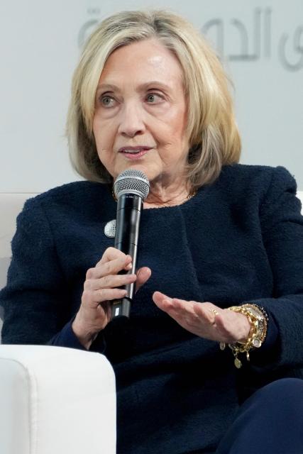 Former US Secretary of State Hillary Clinton speaks during the Doha Forum in Qatar on December 7, 2025. (Photo by HUSSEIN BAYDOUN / Factstory for MOFA / AFP)