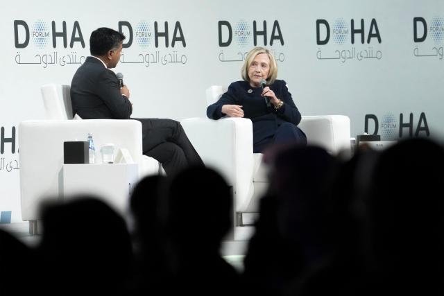 Former US Secretary of State Hillary Clinton speaks during the Doha Forum in Qatar on December 7, 2025. (Photo by HUSSEIN BAYDOUN / Factstory for MOFA / AFP)