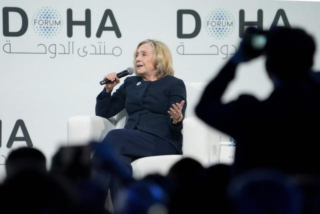 Former US Secretary of State Hillary Clinton speaks during the Doha Forum in Qatar on December 7, 2025. (Photo by HUSSEIN BAYDOUN / Factstory for MOFA / AFP)