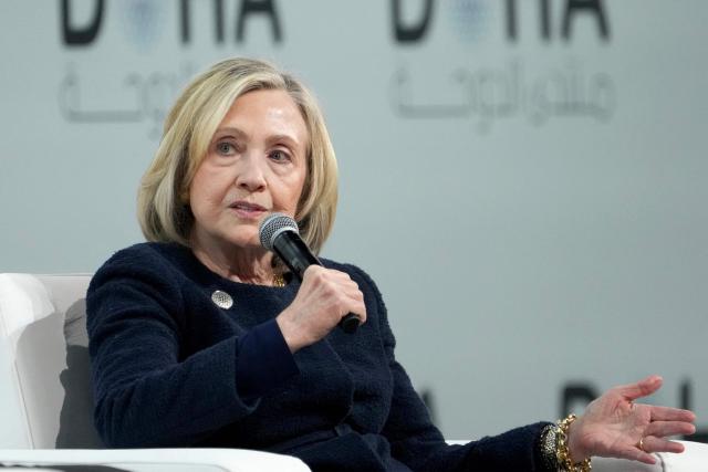 Former US Secretary of State Hillary Clinton speaks during the Doha Forum in Qatar on December 7, 2025. (Photo by HUSSEIN BAYDOUN / Factstory for MOFA / AFP)