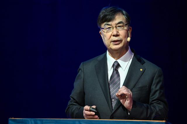 Nobel Prize in Physiology or Medicine 2025 laureate Japanese immunologist Shimon Sakaguchi delivers a speech at the Aula Medica in Stockholm, Sweden, on December 7, 2025.  (Photo by Henrik MONTGOMERY / TT News Agency / AFP) / Sweden OUT