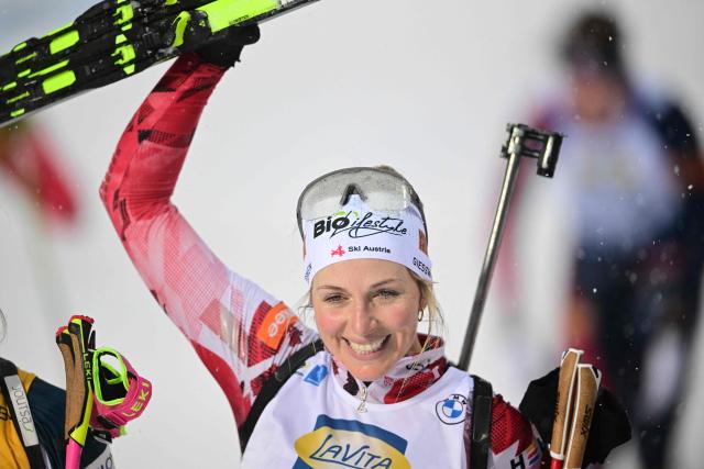 Austria's Lisa Theresa Hauser celebrates after winning the women's 10 km pursuit event of the IBU Biathlon World Cup in Oestersund, Sweden on December 7, 2025. (Photo by Hanna BRUNLOF / TT News Agency / AFP) / Sweden OUT