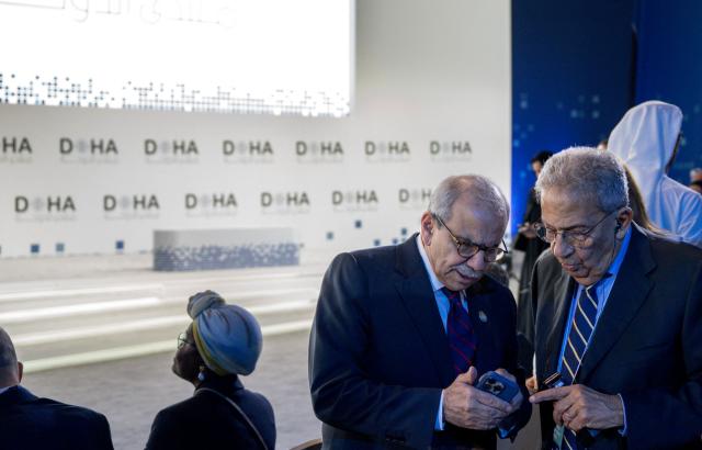 Picture of Nawaf Salam, Lebanese Premier, on the left, chatting with former Egyptian FM Amr Mussa, on the right, at the Doha Forum in Qatar on December 07, 2025. (Photo by THIERRY VAN BIESEN / MOFA / FACTSTORY) / Disclaimer: This document is neither produced nor endorsed by AFP. It is distributed under its issuer sole responsibility. Its reproduction is authorized in context without any distortion of content. If you have any question about this document, please contact its issuer.