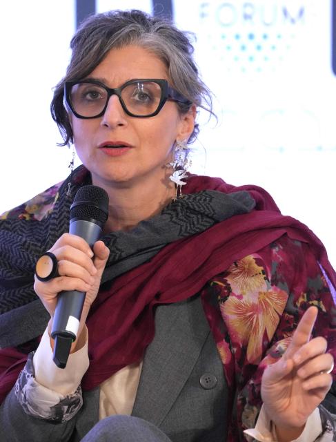 United Nations Special Rapporteur on the Occupied Palestinian Territories, Francesca Albanese, speaks as she attends The Doha Forum, an annual diplomatic conference, in Doha on December 7, 2025. (Photo by HUSSEIN BAYDOUN / Factstory for MOFA / AFP)