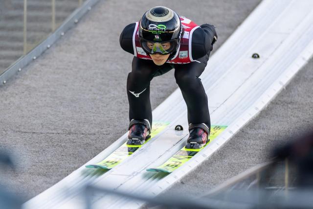 Japan's Ren Nikaido competes in the Men's Large Hill HS134 competition of the FIS Ski Jumping World Cup in Wisla, Poland on December 7, 2025. (Photo by Wojtek RADWANSKI / AFP)