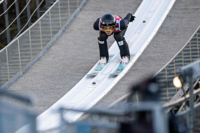 France's Valentin Foubert competes during the Men's Large Hill HS134 competition of the FIS Ski Jumping World Cup in Wisla, Poland on December 7, 2025. (Photo by Wojtek RADWANSKI / AFP)