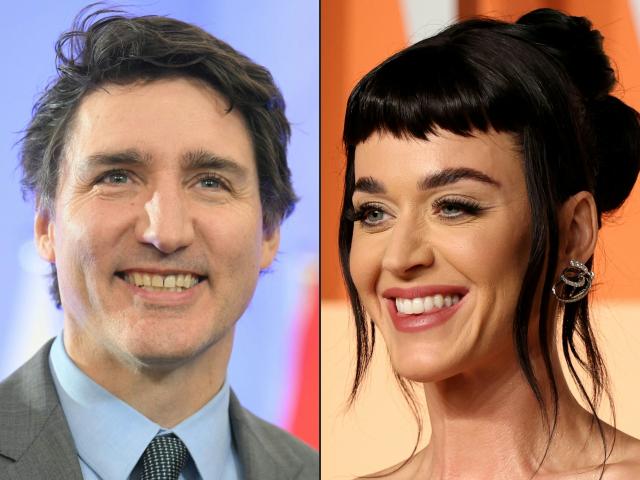 (COMBO) This combination of pictures created on December 07, 2025 shows, L/R, Canadian Prime Minister Justin Trudeau in Warsaw on January 28, 2025 and US singer Katy Perry in Beverly Hills, California, on March 2, 2025. (Photo by Sergei GAPON and Michael Tran / AFP)