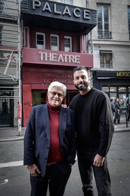 Embargoed until December 8, 2025 - 04:00 GMT / Mickael Chetrit (R), new owner of the Palace theatre flanked by French architect and interior designer Jacques Garcia pose during a photo session at the Palace theatre in Paris on December 4, 2025. The Palace concert hall, a legendary venue of Parisian nightlife that has been abandoned for two years, will reopen its doors at the end of 2026 after a year of renovation, announced its new owner Mickael Chetrit to AFP. (Photo by STEPHANE DE SAKUTIN / AFP)