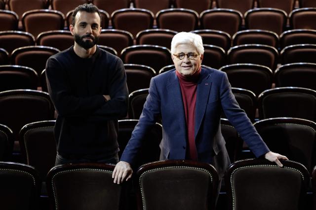 Embargoed until December 8, 2025 - 04:00 GMT / Mickael Chetrit (L), new owner of the Palace theatre flanked by French architect and interior designer Jacques Garcia pose during a photo session at the Palace theatre in Paris on December 4, 2025. The Palace concert hall, a legendary venue of Parisian nightlife that has been abandoned for two years, will reopen its doors at the end of 2026 after a year of renovation, announced its new owner Mickael Chetrit to AFP. (Photo by STEPHANE DE SAKUTIN / AFP)