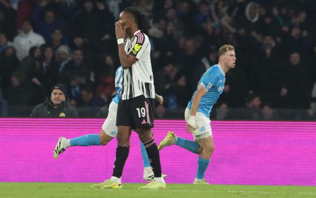 Napoli's Danish forward #19 Rasmus Hojlund celebrates after scoring his team's second goal during the Italian Serie A football match between SSC Napoli and Juventus FC at the Diego Armando Maradona Stadium in Naples, on December 7, 2025. (Photo by CARLO HERMANN / AFP)