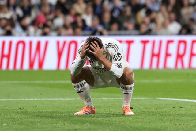 Real Madrid's Spanish forward #16 Gonzalo Garcia reacts after the Spanish league football match between Real Madrid CF and RC Celta de Vigo at the Santiago Bernabeu Stadium in Madrid on December 7, 2025. (Photo by Thomas COEX / AFP)
