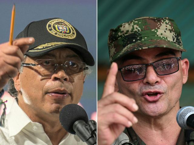 (COMBO) This combination of pictures created on December 7, 2025, shows
Colombia's President Gustavo Petro (L) delivering a speech during the inauguration of a Multi Campus of the Escuela Nacional del Deporte University at the Siloe slum in Cali, Colombia, on November 21, 2025, and FARC-EP dissidence top commander, aka Ivan Mordisco, speaking during a meeting with local communities in San Vicente del Caguan, Caqueta department, Colombia, on April 16, 2023.. Colombian President Gustavo Petro said on December 7, 2025, that he has a case "ready" against guerrilla leader Ivan Mordisco before the International Criminal Court (ICC), which prosecutes war crimes, after a new attack in the southwest of the country left at least 13 people injured the day before. (Photo by JOAQUIN SARMIENTO / AFP)