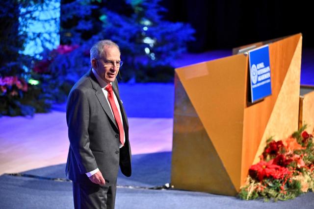Nobel Prize winner in Physics, Michel H. Devoret speaks during the Nobel Prize Lecture in Physics in Aula Magna at Stockholm University on December 8, 2025. (Photo by Christine Olsson/TT / TT NEWS AGENCY / AFP) / Sweden OUT