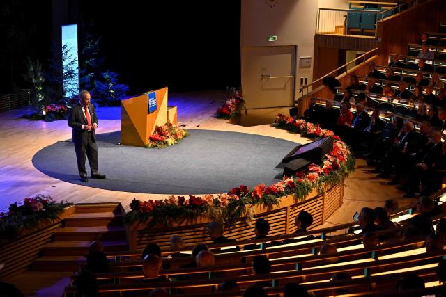 Nobel Prize winner in Physics, Michel H. Devoret speaks during the Nobel Prize Lecture in Physics in Aula Magna at Stockholm University on December 8, 2025. (Photo by Christine Olsson/TT / TT NEWS AGENCY / AFP) / Sweden OUT