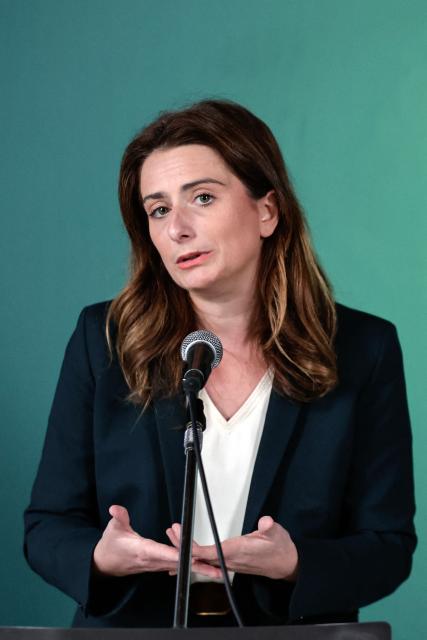 National secretary of French left-wing party The Ecologistes Marine Tondelier speaks during a press conference announcing the results of the vote designating The Ecologistes candidate for a left wing primary ahead of the presidential election, in Paris on December 8, 2025. (Photo by STEPHANE DE SAKUTIN / AFP)