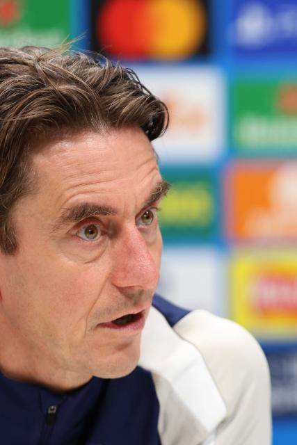 Tottenham Hotspur's Danish head coach Thomas Frank attends a press conference at the Tottenham training centre in Enfield, north London, on December 8, 2025, on the eve of their UEFA Champions League league phase football match against Slavia Prague. (Photo by Toby Shepheard / AFP)