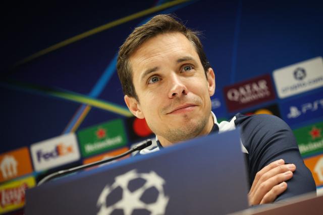 Union's Berlgian head coach David Hubert attends a press conference on December 8, 2025 on the eve of the UEFA Champions League football match between Royale Union Saint-Gilloise and Olympique de Marseille. (Photo by VIRGINIE LEFOUR / Belga / AFP) / Belgium OUT