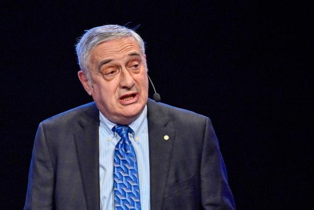 Nobel Prize in Economics 2025 laureate US-Israeli economic historian Joel Mokyr gives a lecture in economic sciences at the Aula Magna at Stockholm University in Stockholm, Sweden, on December 8, 2025. Laureates will receive their Nobel prizes at formal ceremonies in Stockholm and Oslo on December 10. That date is the anniversary of the death in 1896 of scientist Alfred Nobel, who created the prizes in his will. (Photo by Christine OLSSON / TT NEWS AGENCY / AFP) / Sweden OUT