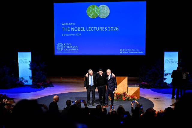 Laureates of The Sveriges Riksbank Prize in Economic Sciences 2025 (LtoR) US-Israeli economic historian Joel Mokyr, French economist Philippe Aghion and Canadian economist Peter Howitt react after their lectures at the Aula Magna at Stockholm University in Stockholm, Sweden, on December 8, 2025. Laureates will receive their Nobel prizes at formal ceremonies in Stockholm and Oslo on December 10. That date is the anniversary of the death in 1896 of scientist Alfred Nobel, who created the prizes in his will. (Photo by Christine OLSSON / TT NEWS AGENCY / AFP) / Sweden OUT