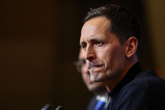 Frankfurt's German head coach Dino Toppmoeller gives a press conference on the eve of the UEFA Champions League league phase day 6 football match between FC Barcelona and Eintracht Frankfurt at Camp Nou Stadium in Barcelona on December 8, 2025. (Photo by Josep LAGO / AFP)