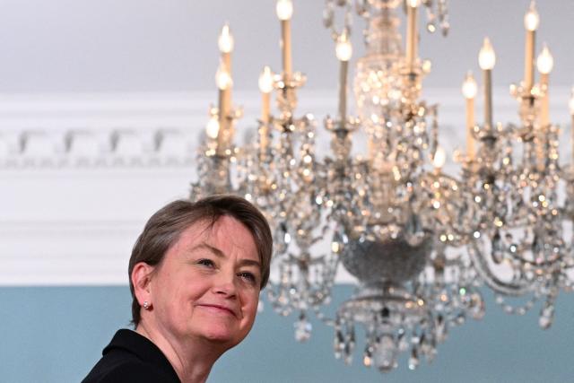 British Foreign Secretary Yvette Cooper looks on as she meets with US Secretary of State Marco Rubio at the State Department in Washington, DC, on December 8, 2025. (Photo by Brendan SMIALOWSKI / AFP)