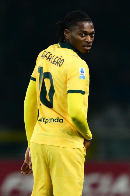 AC Milan's Portuguese forward #10 Rafael Leao looks on during the Italian Serie A football match between Torino and AC Milan at the Allianz stadium in Turin, on December 8, 2025. (Photo by Marco BERTORELLO / AFP)
