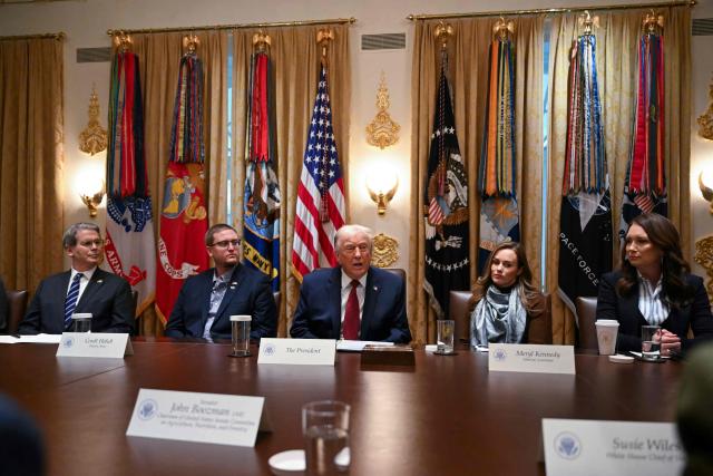 US President Donald Trump speaks as, L-R, US Secretary of Treasury Scott Bassent, Cordt Holub from NuTech Seed, Meryl Kennedy, CEO of 4Sisters Rice and US Secretary of Agriculture Brooke Rollins look on during a roundtable event to discuss aid for farmers, in the Cabinet Room of the White House in Washington, DC, on December 8, 2025. President Trump is announcing a $12 billion aid package for US farmers, targeting a key support base hit by his trade policies. Since Trump's return to the White House in January, many US farmers have been battered by impacts of his wide-ranging tariffs, including retaliatory measures from trading partners. (Photo by ANDREW CABALLERO-REYNOLDS / AFP)
