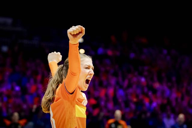 Netherlands' Yara ten Holte celebrates a goal during the group match between France and the Netherlands in the main round of the Women's World Handball Championship in Ahoy Rotterdam, on December 8, 2025. (Photo by Robin van Lonkhuijsen / ANP / AFP) / Netherlands OUT