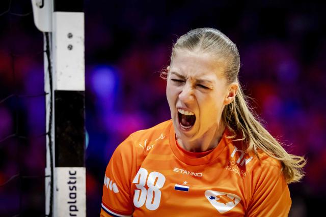 Netherlands' Yara ten Holte celebrates a goal during the group match between France and the Netherlands in the main round of the Women's World Handball Championship in Ahoy Rotterdam, on December 8, 2025. (Photo by Robin van Lonkhuijsen / ANP / AFP) / Netherlands OUT