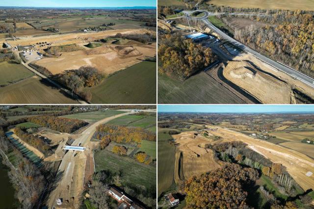 This combination shows aerials views, taken on December 8, 2025 in Puylaurens and in Saix, of areas of illegal encroachment on the A69 motorway construction site. The prefects of Haute-Garonne and Tarn say they have noted overruns in the construction area of the A69 motorway, as denounced by opponents of the project, and are demanding explanations from the concessionaire, according to a statement released on December 2, 2025. (Photo by Lionel BONAVENTURE / AFP)