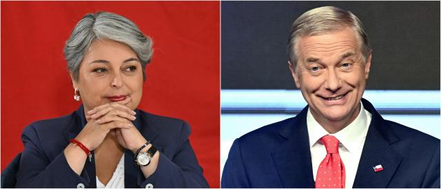(COMBO) This combination of pictures created on December 8, 2025, shows Chile's presidential candidates leftist Jeannette Jara (L) during an event with women at La Pintana commune in Santiago, on November 17, 2025, and Jose Antonio Kast, of the Partido Republicano party, delivering a speech after the first exit poll results of the general election in Santiago on November 16, 2025. The second round of the Chilean presidential election on Sunday will pit two candidates against each other who are diametrically opposed: Jeannette Jara, the representative of a broad left-wing coalition with modest origins, and the far-right leader José Antonio Kast, an ultraconservative Catholic determined to massively expel undocumented migrants. (Photo by MARVIN RECINOS / AFP)