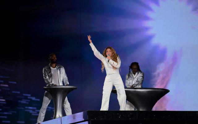 Colombian singer Shakira performs durinh her "Las mujeres ya no lloran" world tour at Velez Sarsfield stadium in Buenos Aires on December 8, 2025. (Photo by Luis ROBAYO / AFP)