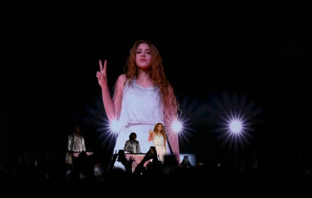 Colombian singer Shakira performs durinh her "Las mujeres ya no lloran" world tour at Velez Sarsfield stadium in Buenos Aires on December 8, 2025. (Photo by Luis ROBAYO / AFP)