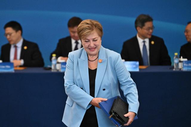 International Monetary Fund (IMF) Managing Director Kristalina Georgieva attends the 1+10 Dialogue with leaders of International Economic Organisations, with China’s Premier Li Qiang (not pictured) in Beijing on December 9, 2025. (Photo by Pedro PARDO and Pedro Pardo / POOL / AFP)